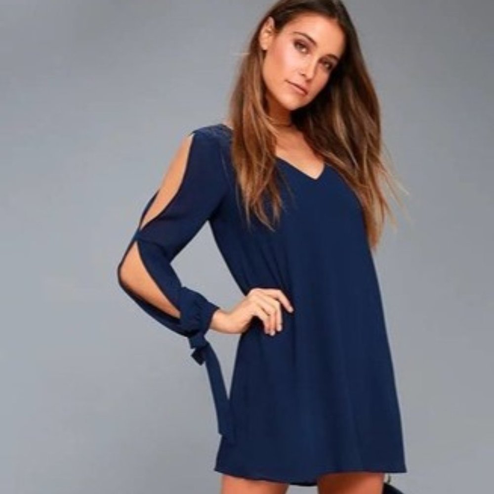 Lulu's Shifting Dears Navy Blue Long Open Sleeve Shift Dress Size Small